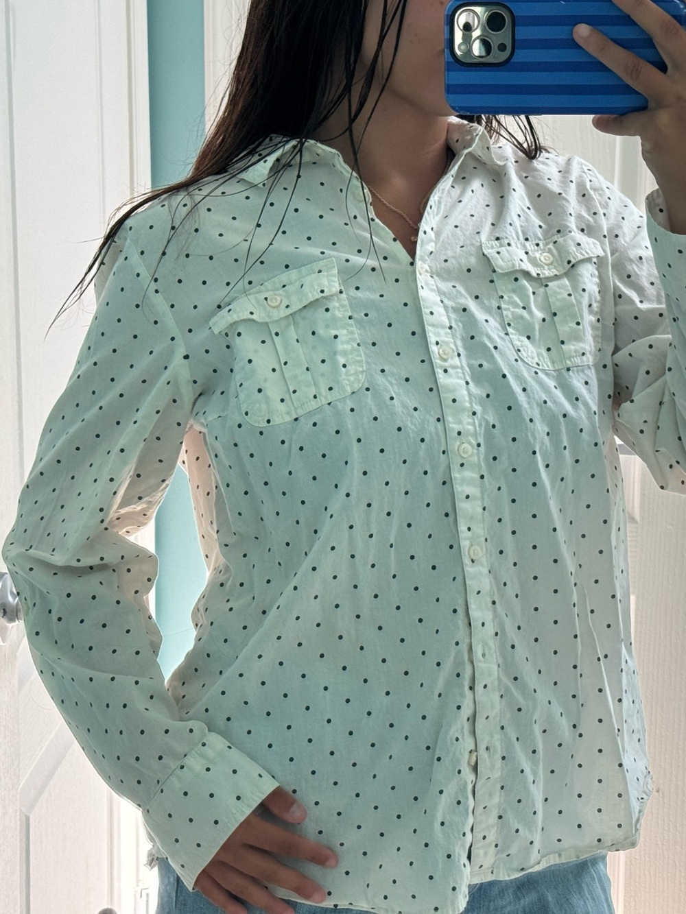 TOMMY HILFIGER White Button-Up Shirt with Navy Polka Dots